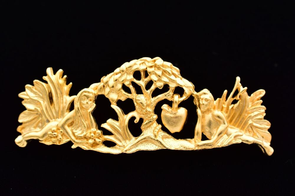 AJC Vintage Adam Eve Garden of Eden Serpent Apple Gold Tone Brooch 1980s NOS A25